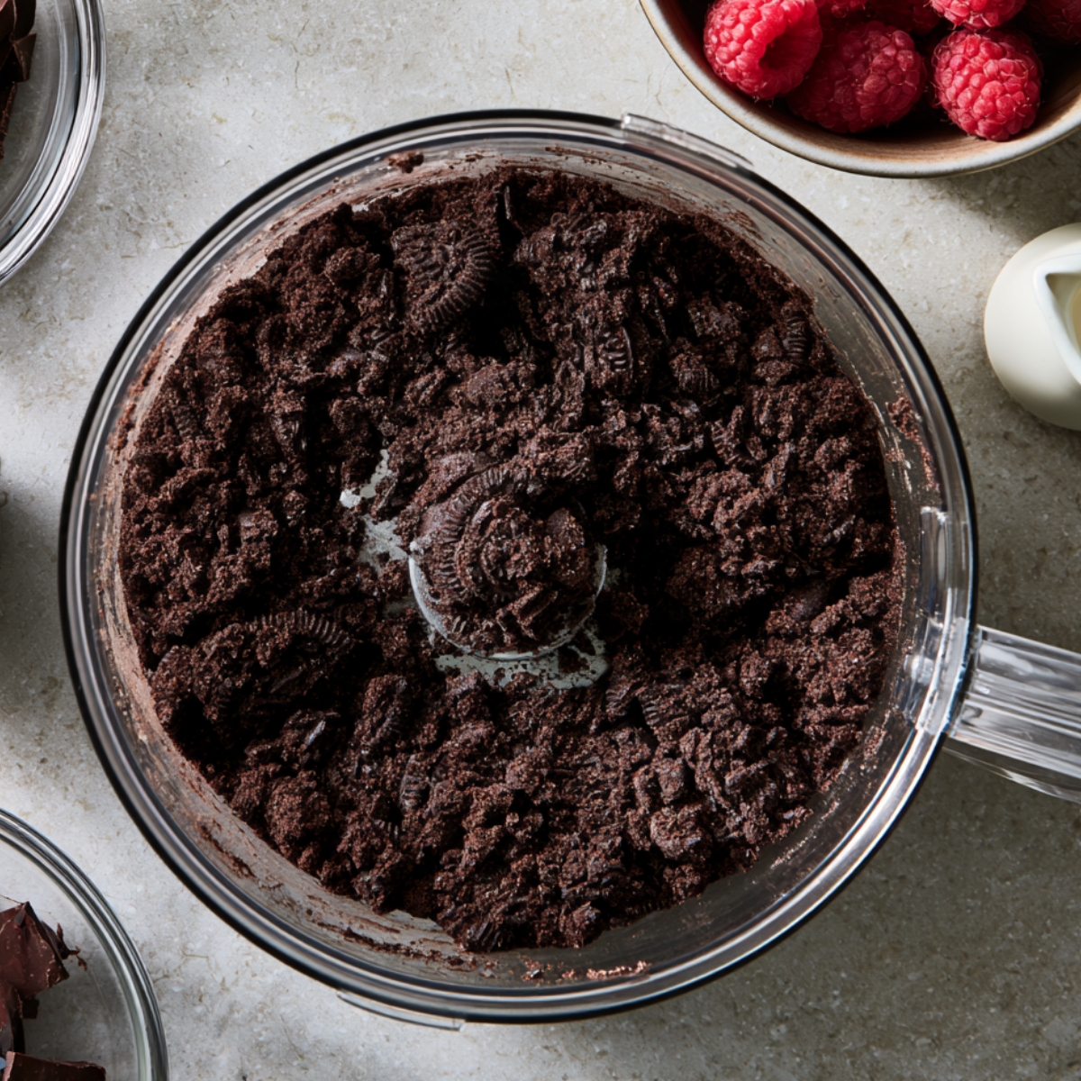 Easy Chocolate Raspberry Tart Recipe 10 Crushed chocolate sandwich cookies in a food processor