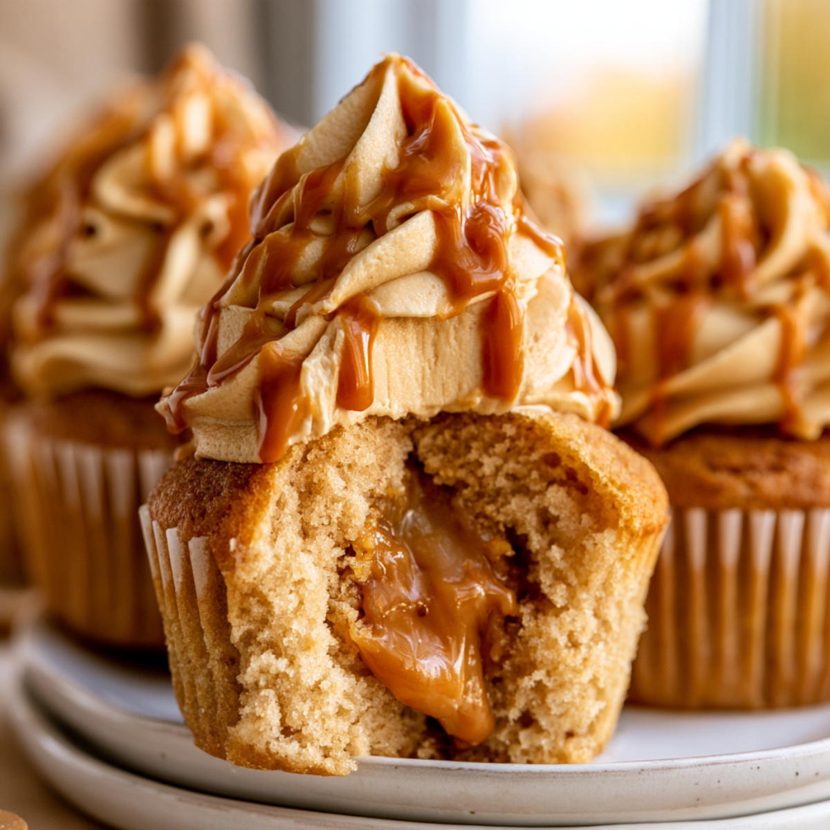 Moist dulce de leche cupcakes filled with gooey caramel, topped with caramel buttercream and dulce de leche drizzle