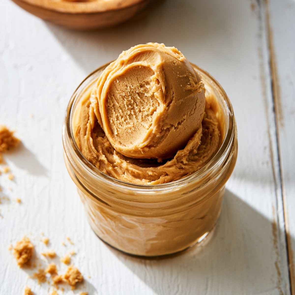 Best Edible Peanut Butter Cookie Dough 9 Jar of Edible Peanut Butter Cookie Dough topped with a perfectly scooped portion on a white wooden surface.