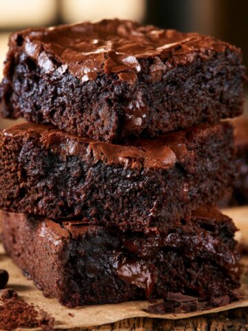 The Best Espresso Brownies Recipe 1 Stack of fudgy espresso brownies with crackly tops and gooey chocolate centers, showcasing a rich, moist texture on a rustic wooden surface.
