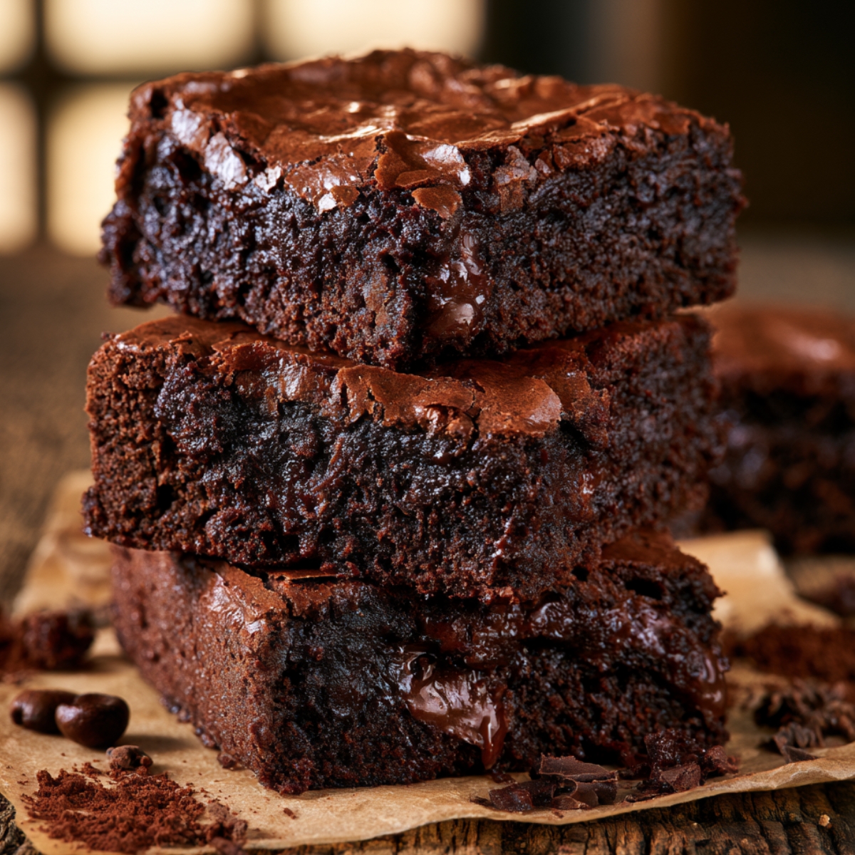 Stack of fudgy espresso brownies with crackly tops and gooey chocolate centers, showcasing a rich, moist texture on a rustic wooden surface.