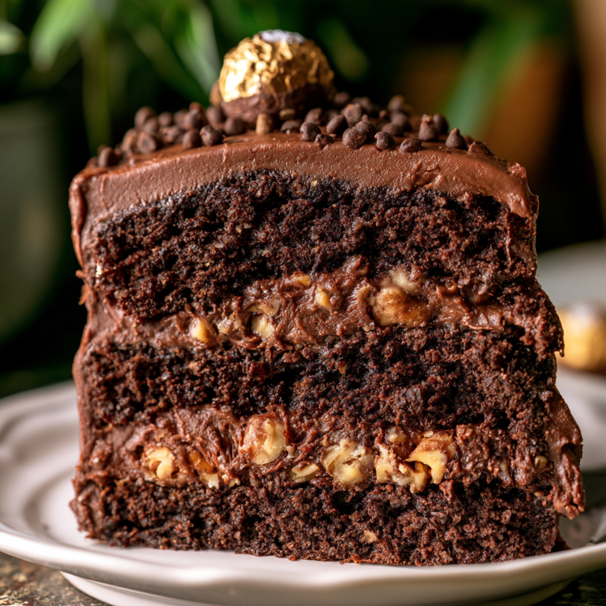 Thick slice of Ferrero Rocher Cake with moist chocolate layers, creamy chocolate frosting, crunchy hazelnut filling, and Ferrero Rocher candy on top.