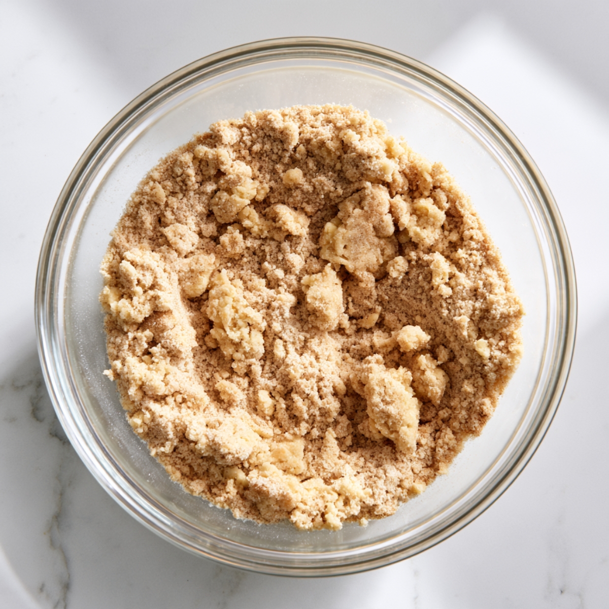 Easy Peach Cobbler Cheesecake Bars Recipe 10 Homemade cinnamon streusel crumble mixture in a glass bowl, prepared for topping peach cobbler cheesecake bars.