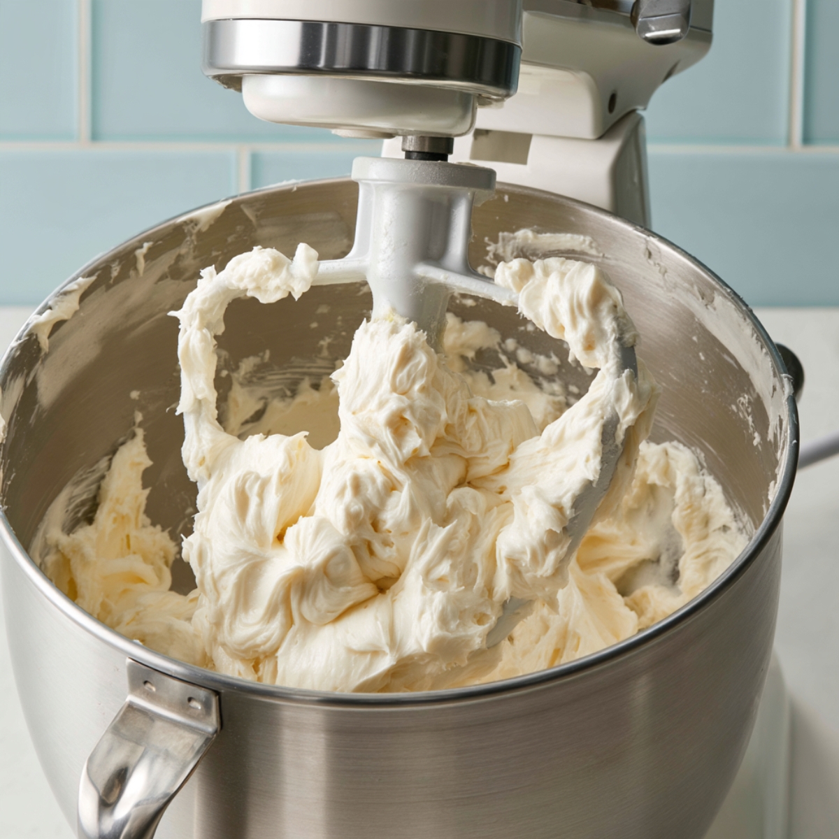 Easy Chocolate Coconut Cake Recipe 11 Cream cheese frosting whipped until light and fluffy in a stand mixer bowl for homemade chocolate coconut cake.