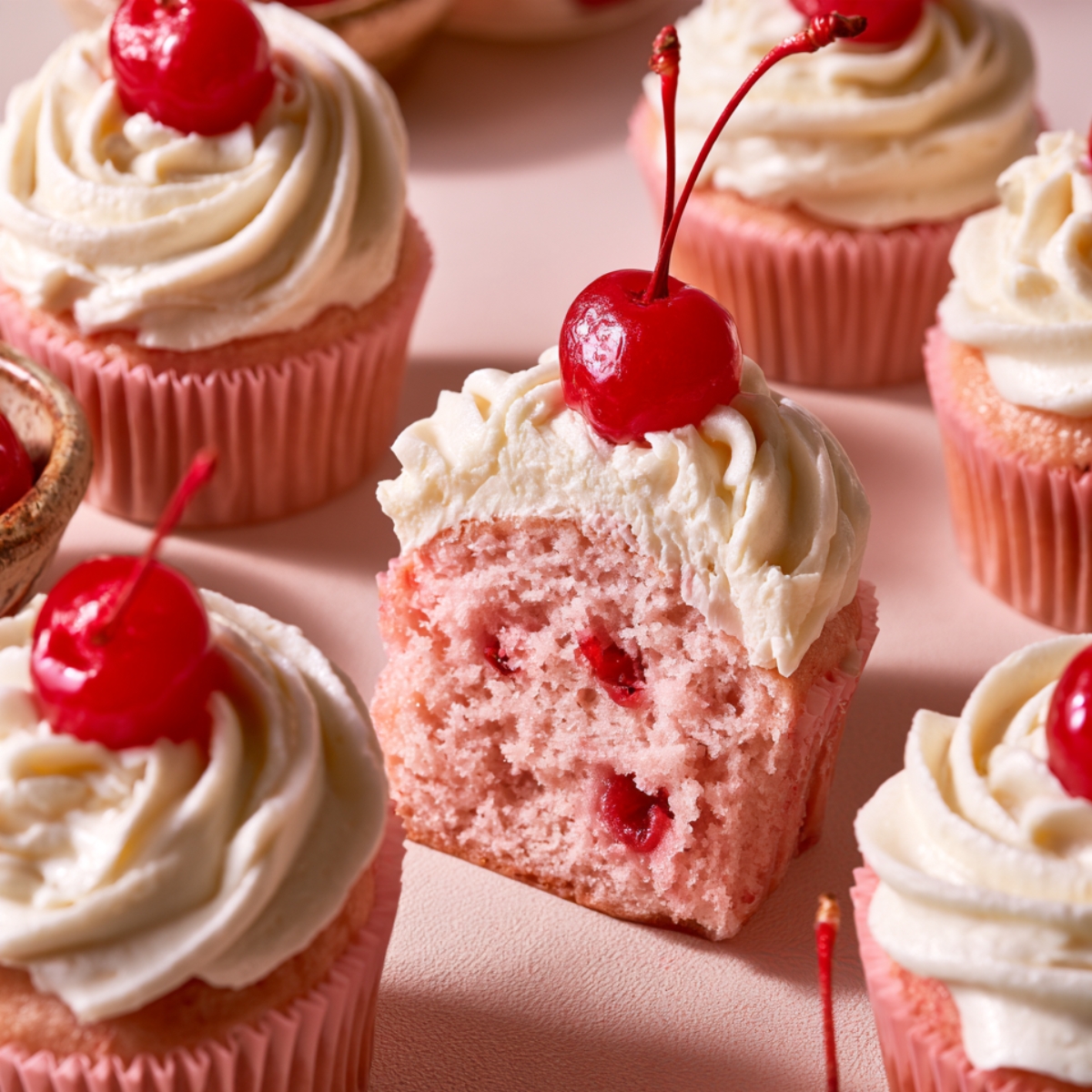 Homemade pink Maraschino Cherry Cupcakes topped with vanilla buttercream and glossy red cherries.