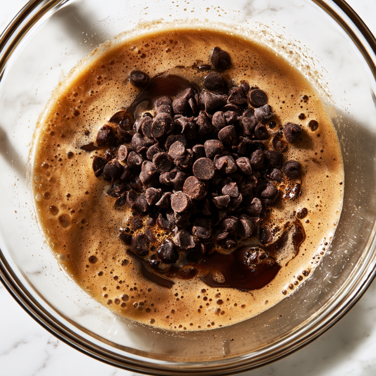 The Best Espresso Brownies Recipe 10 Dark chocolate chips melting into a warm brown butter and espresso mixture in a glass bowl, creating the rich chocolate base for espresso brownies.