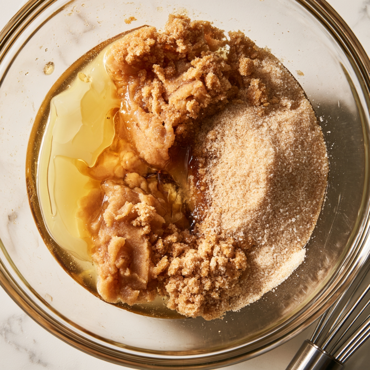 Easy Nutella Blondies Recipe 10 Melted butter combined with brown sugar and granulated sugar in a glass mixing bowl for Nutella blondies.