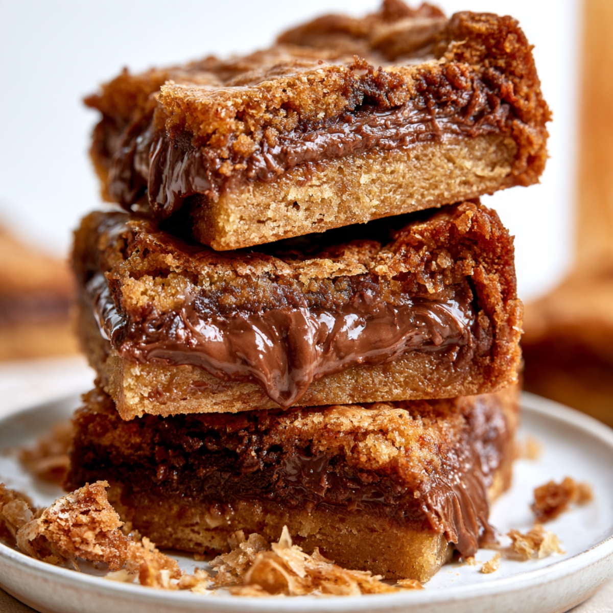 Easy Nutella Blondies Recipe 9 Nutella blondies stacked on a plate with a gooey chocolate hazelnut center and golden crispy edges.