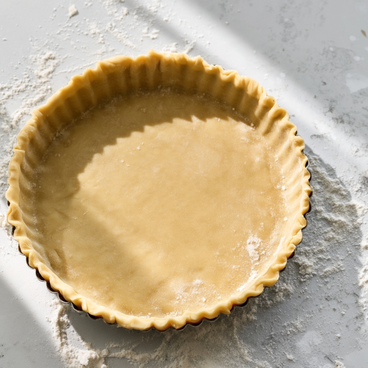 The Best Passionfruit Tart Recipe 10 Raw buttery shortcrust pastry pressed into a fluted tart pan on a lightly floured countertop, ready for blind baking for a homemade passion fruit tart.