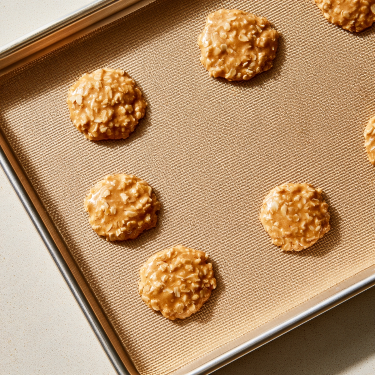 Easy Oatmeal Lace Cookies Recipe 11 Oatmeal cookie dough portions arranged on a silicone-lined baking sheet.