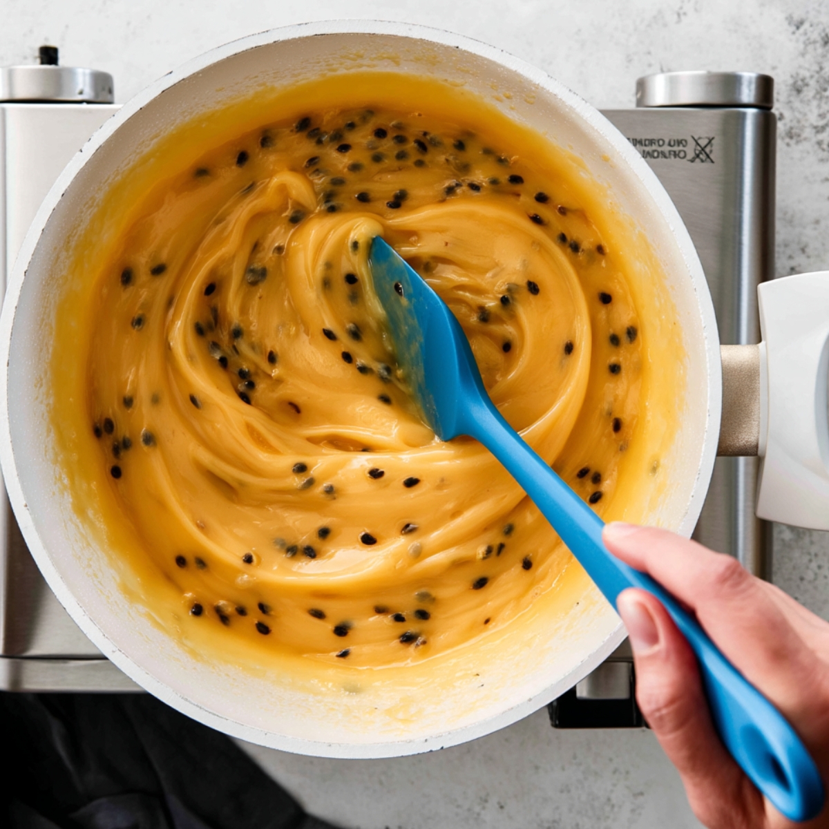 The Best Passionfruit Tart Recipe 11 Creamy homemade passion fruit curd being stirred in a white saucepan with a blue silicone spatula, showing glossy golden custard filled with fresh passion fruit seeds.